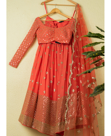 Orange Color Foil Mirror Work Georgette Lehenga Choli